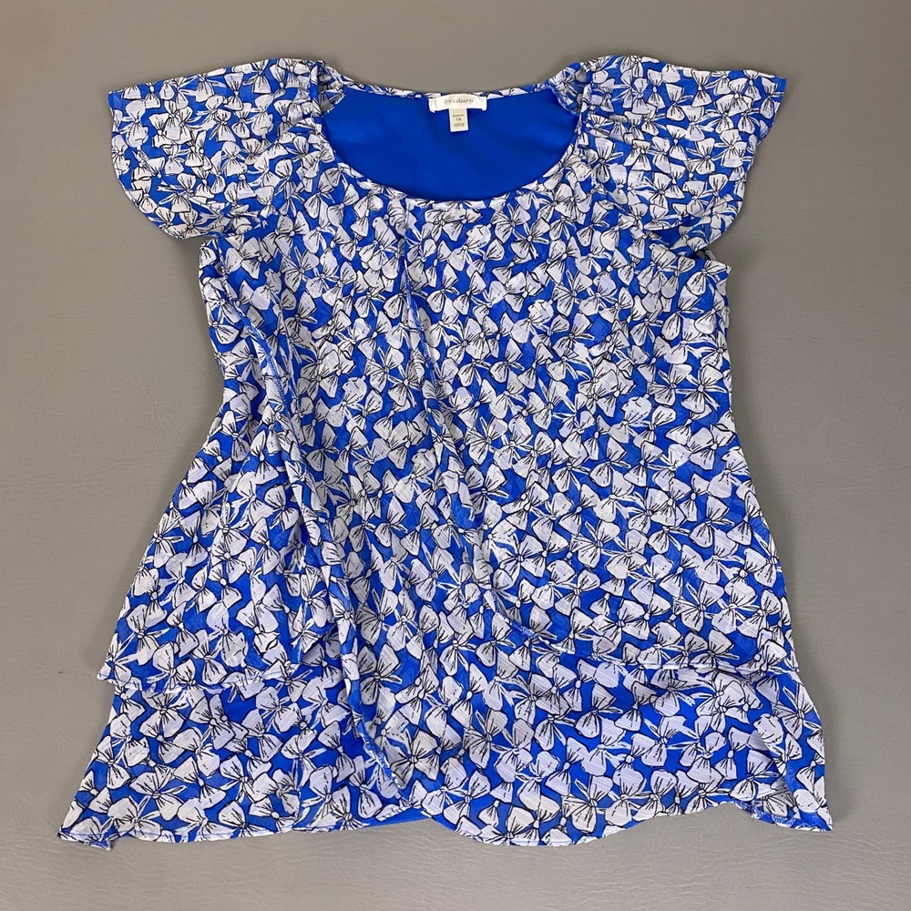 Dressbarn Blouse Top Womens 1X Blue White Bow Flutter Sleeve Tiered Ruffle *Flaw